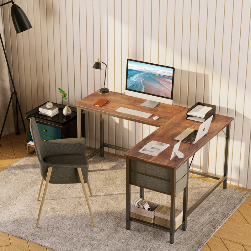 L-Shaped Metal Base Computer Desk, Dark Brown
