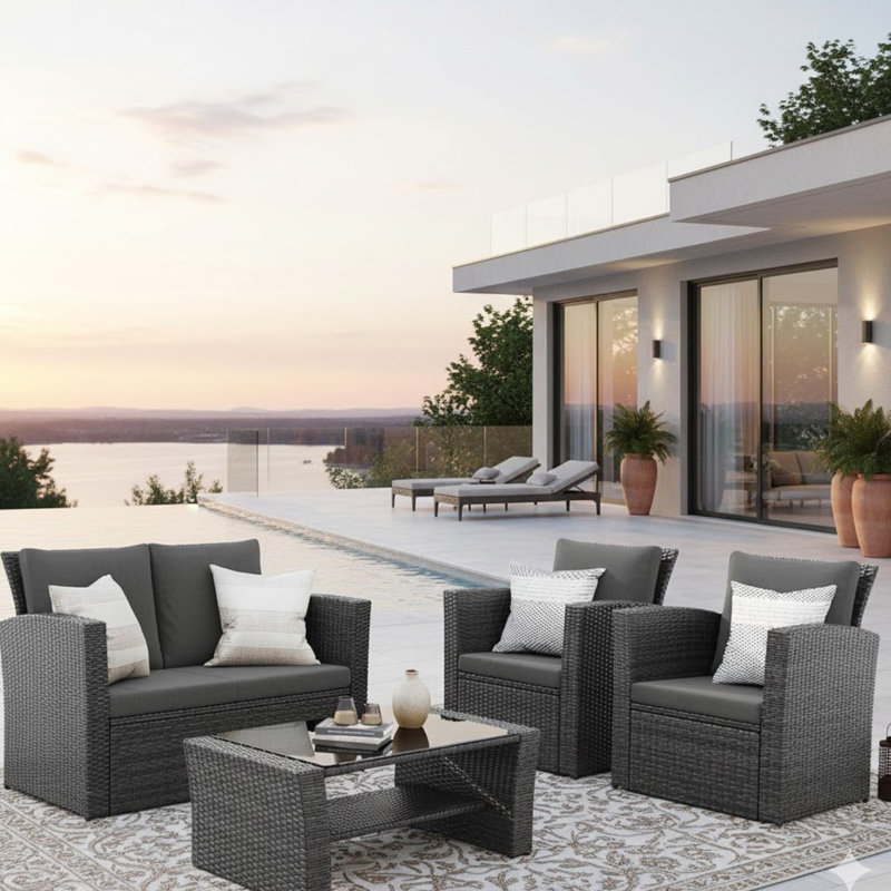 4-Piece Wicker Patio Conversation Set With Glass Table And Black Cushions, Black, Brown