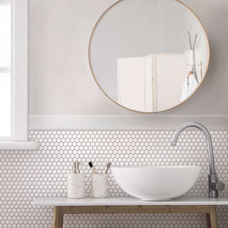 Hudson Penny Round Matte White 11-7/8" x 12-5/8" Porcelain Mosaic Tile