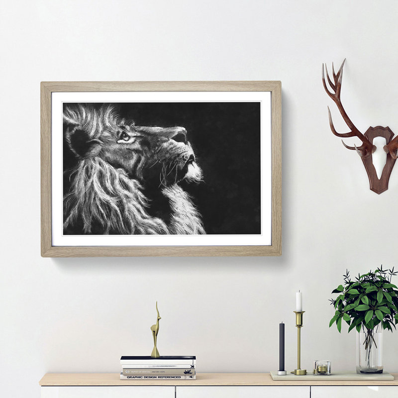 Majestic Lion Illustration - Picture Frame Graphic Art Print, 24cm H x 33cm W x 2cm D, Oak Framed