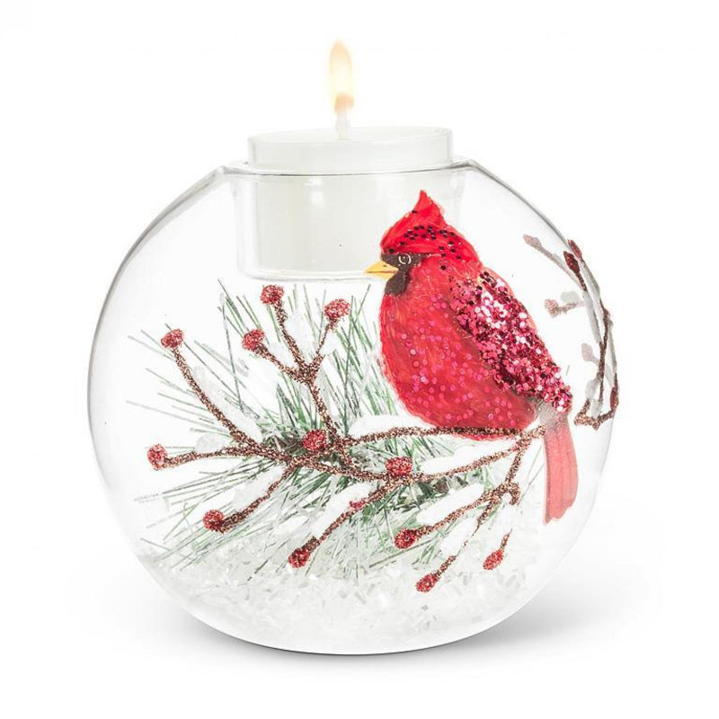 Cardinal On A Branch In A Snowflake Patterned Globe Votive Candle Holder