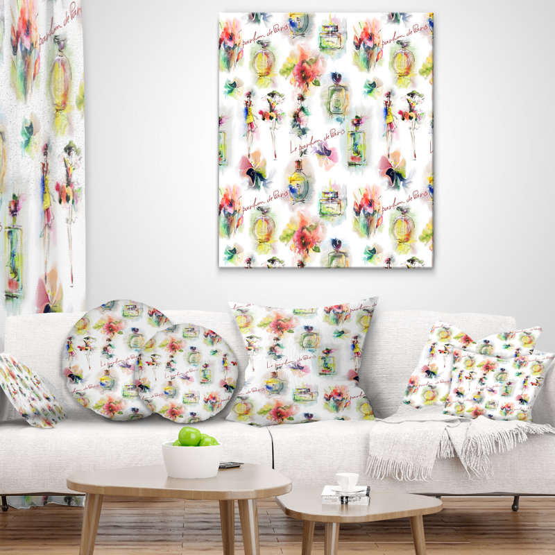 Bouteilles de parfum et fleurs - Coussin imprimé floral