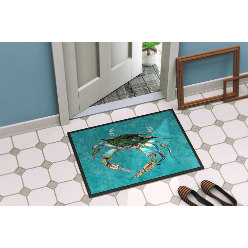 Paillasson d’intérieur anti-dérapant bleu sarcelle avec crabe Izabela, Rectangulaire 2 pi x 3 pi