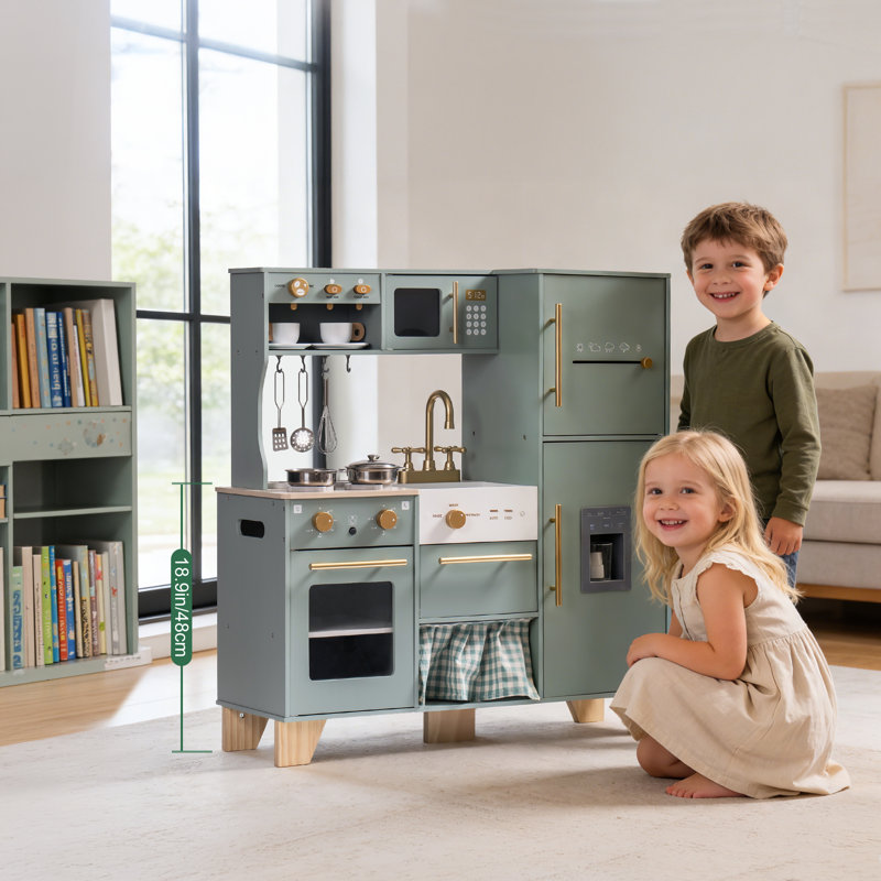 Wooden Play Kitchen & Accessories Set, Preschool Kitchen Set, Modern Kitchen Playset with light