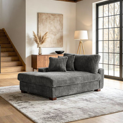 Oversized Upholstered Gray Faux Rabbit Fur Flannel Chaise Lounge with Armrests & Throw Pillows