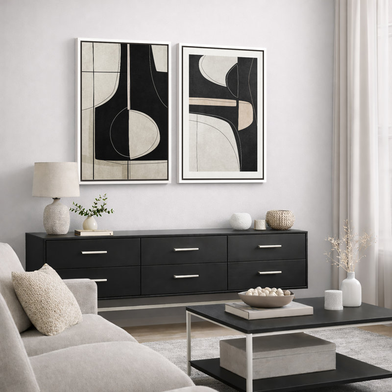 Mid Century Shape "Black Green Abstract Shape Artwork, Classy Minimal Contemporary Neutral Wall Pictures, Framed Canvas Giclée Print 2 Pieces Wall Art" 16x24x2 pcs, 24x36x2 pcs