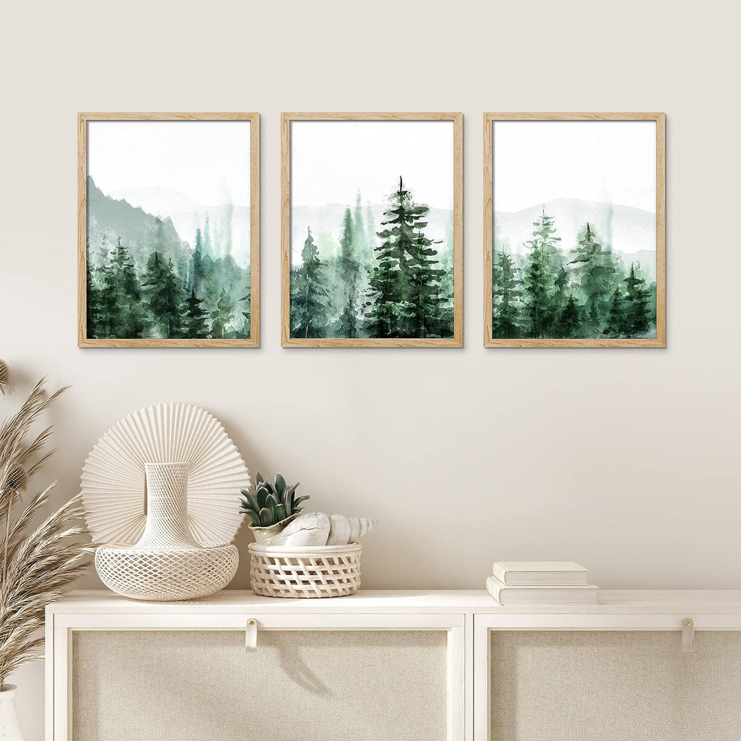 Woodland Forest Landscape Green Forest Pine Tree Nature Landscape Wall Art Framed 3 Pieces Print IDEA4WALL Frame 