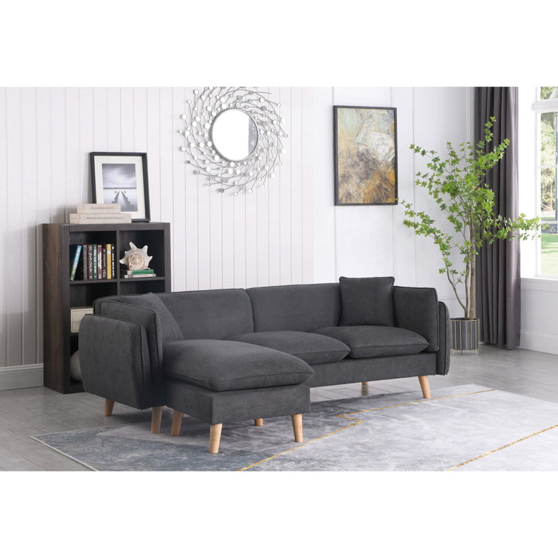 Méridienne modulaire en tissu gris foncé, classe de siège réarrangeable, pieds en bois massif, 2 coussins inclus, sièges rembourrés en mousse avec ressorts ensachés, profondeur de 24 po x 24 po x H 18 po pour un confort maximal