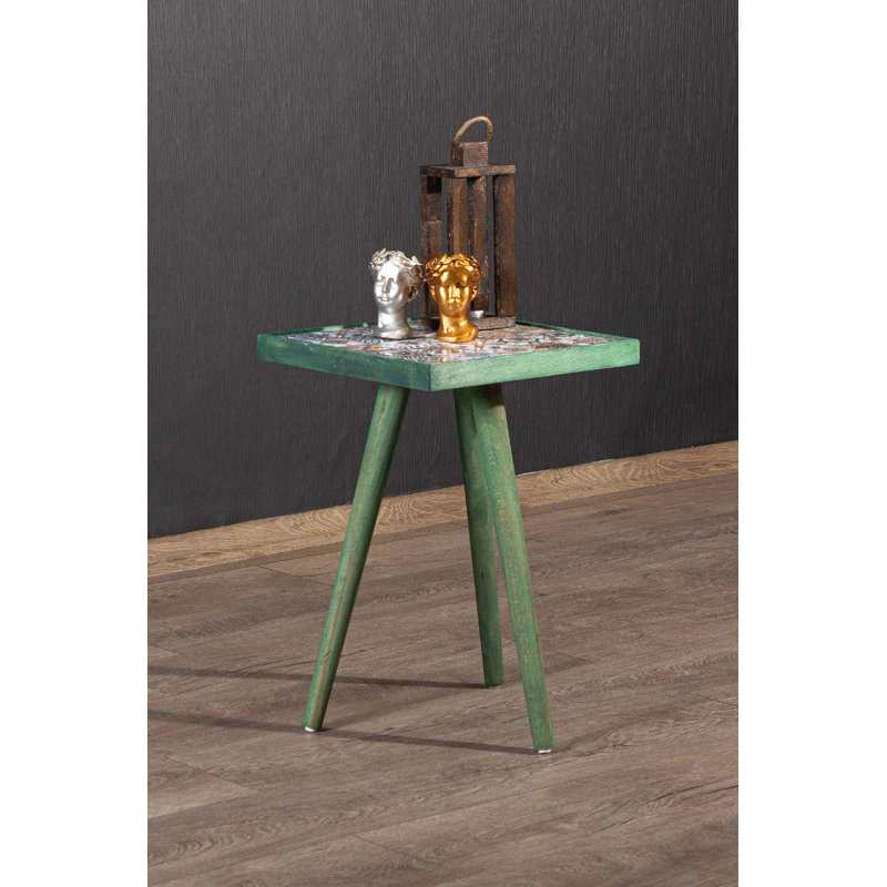 Canora Grey Side Coffee Table End Table Accent Table Home Essentials Solid Wood Tile Ceramic Table, Green