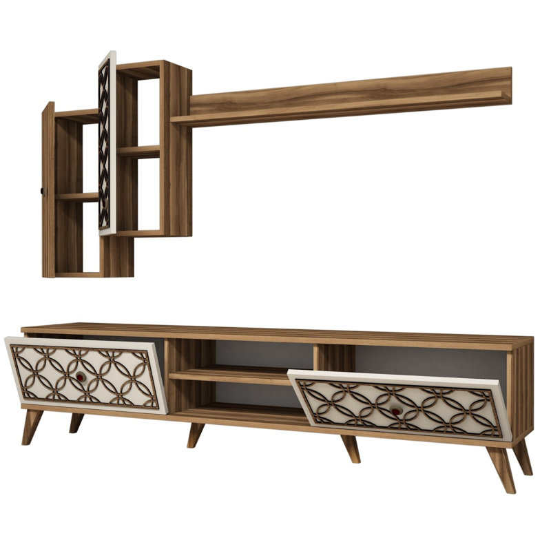 Modern TV Unit with Wall Shelf & Cabinets, Walnut & Cream, 70.9 x 17.3 x 13.8 inches | 100% Melamine Coated Particle Board, 0.7 inches Thick | Stylish Geometric Design, Numerous Shelves, Wall-Mountable, Functional & Elegant