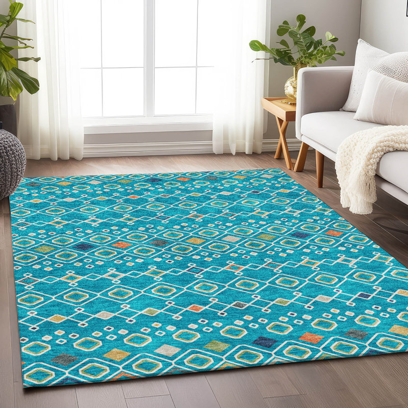 Tapis bleu sarcelle lavable à la machine de qualité supérieure Prisco, Rectangle 9 pi x 12 pi