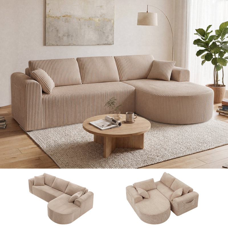 3 Seater Fabric Corner Sectional, Beige, Left Hand Facing