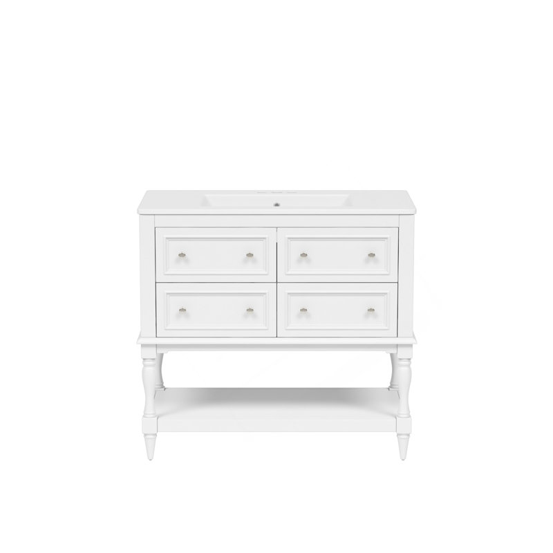 Ensemble de meuble-lavabo 36 po avec ensemble de meuble-lavabo, lavabo en céramique encastré, ensemble de meuble-lavabo autoportant avec 4 tiroirs, armoire de salle de bain à cadre en bois, blanc