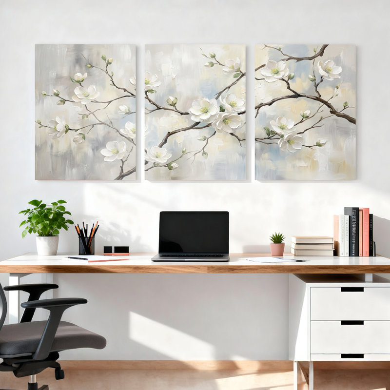 Ensemble de 3 tableaux sur toile représentant des branches de cerisier en fleurs blanches, pour la décoration du salon et de la chambre.