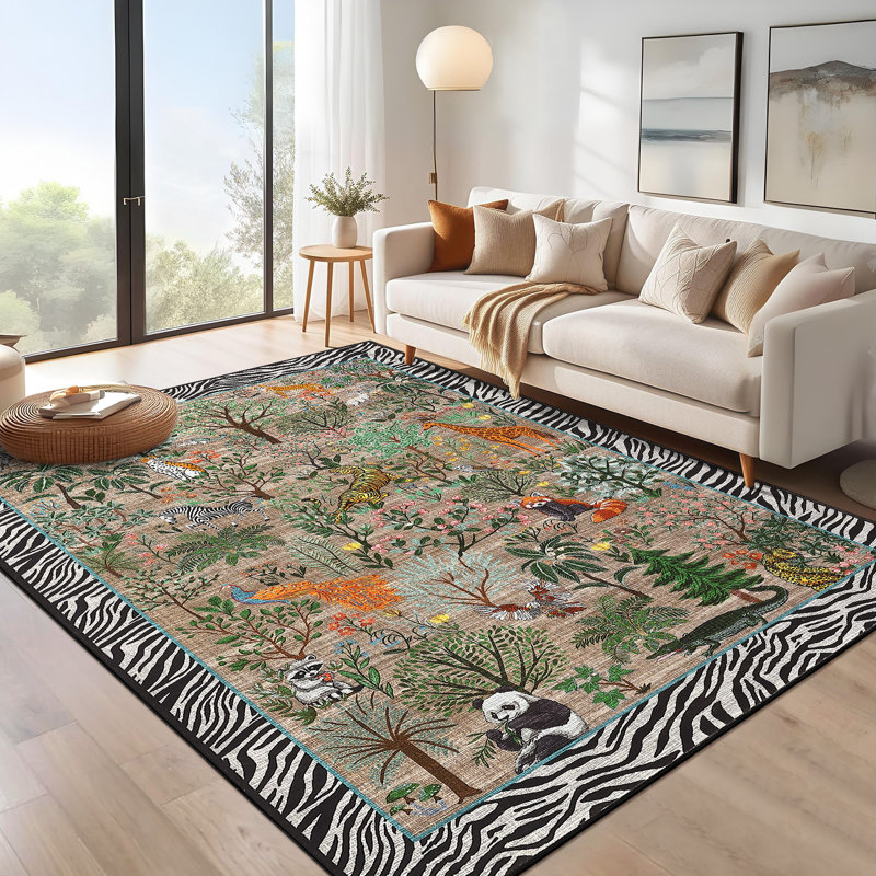Jungle Rug Washable Animal Living Room Carpet, Non-Slip Non-Shedding Modern Floor Mats, Foldable Low Pile Accent Indoor Rug for Bedroom, Kitchen, Office