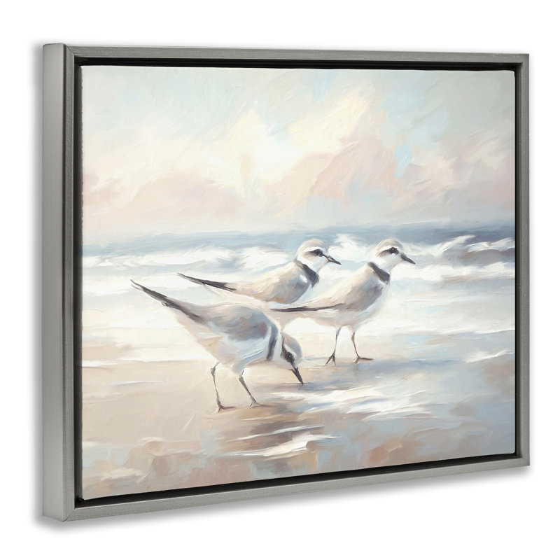 Baie avec oiseaux de plage, art mural encadré noir par Ramona Murdock, H 25 po x l 31 po, Cadre flottant gris lustré