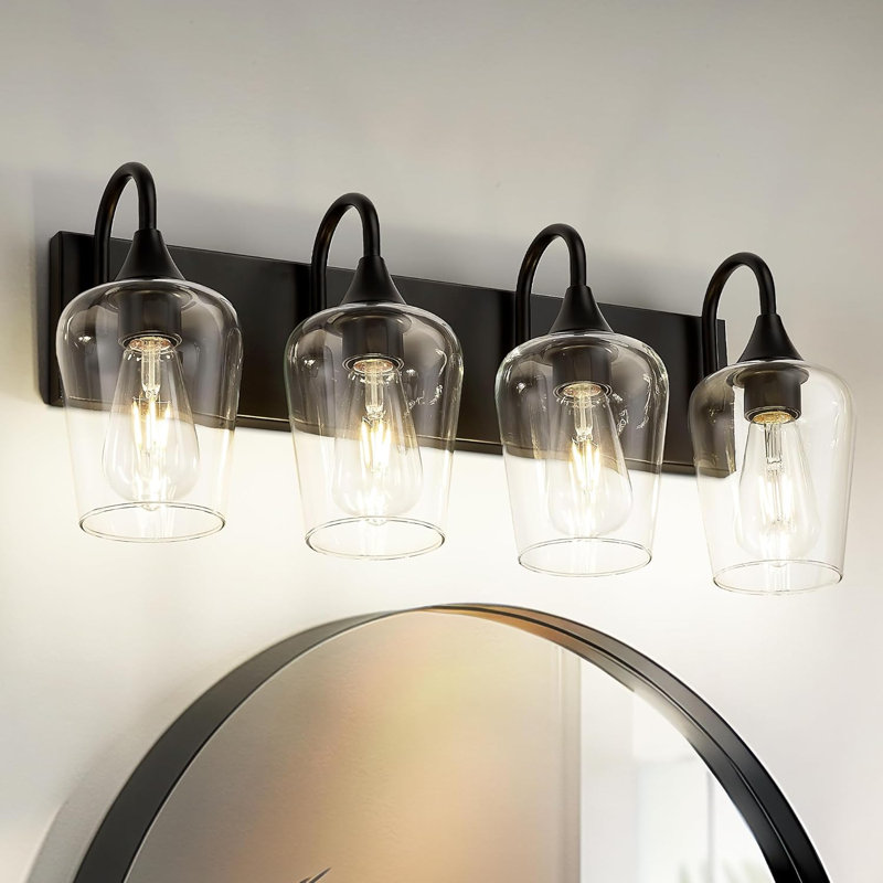 Ralbay Matte Black Bathroom Vanity Light Fixture 4-Light Industrial Wall Mount With Clear Glass Shades For Vintage Edison Bulbs