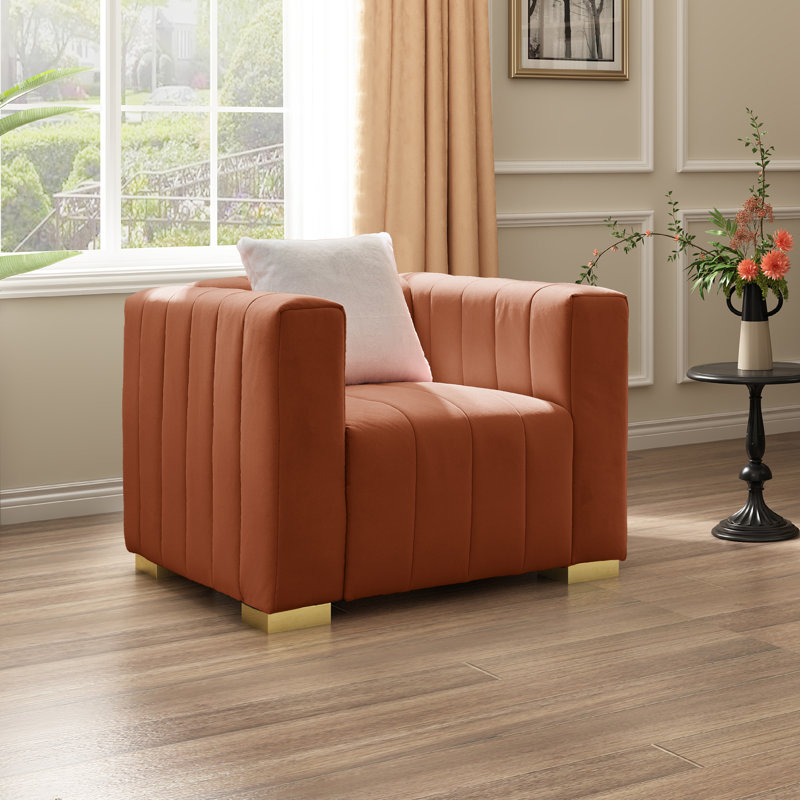 Fauteuil d'appoint confortable en velours à rayures verticales 35,4 po, Doré, Brun