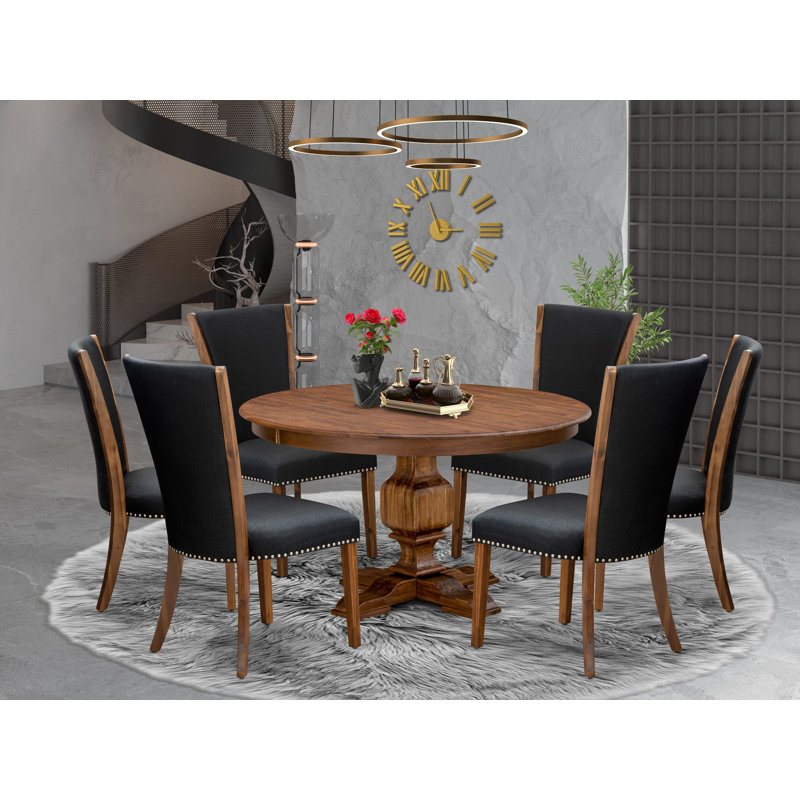 7 Piece Kitchen Table Set Consists of a Round Table with Pedestal and 6 Black Linen Fabric Parson Chairs, Antique Walnut