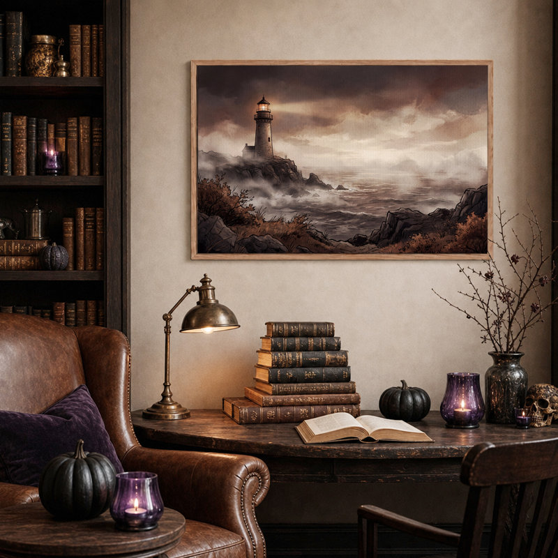 Art sur toile, "Phare sur une côte rocheuse en sépia", H 36 po x l 48 po