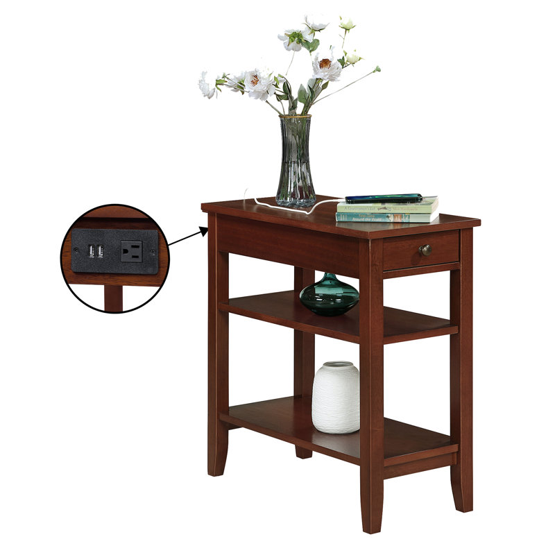 Carbin 24" H 1-Drawer End Table with Built-In Outlets, Mahogany