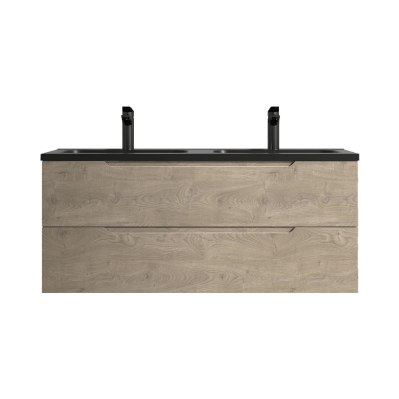 Meuble-lavabo mural double avec comptoir en quartz noir et meuble-lavabo au fini bois naturel