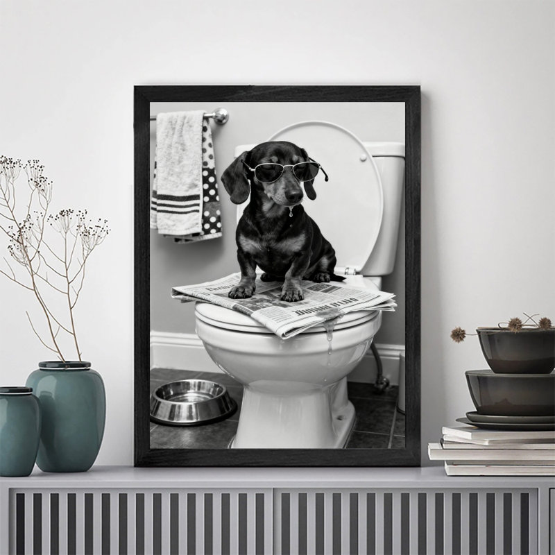 Art encadré noir, un beau chien chevauchant des journaux, impressions encadrées de style rétro, H 17 po x l 13 po