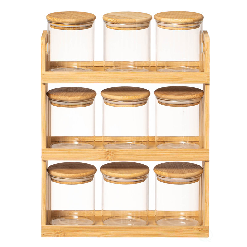Natural Bamboo 3-Tier Spice Rack with Clear Glass Jars