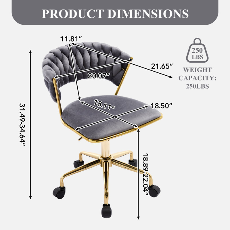 Home Office Chair, Velvet Upholstered Task Chair With Woven Open Back, 360° Swivel Desk Chair With Wheels, Adjustable Vanity Chair, Computer Chair For Office, Studio