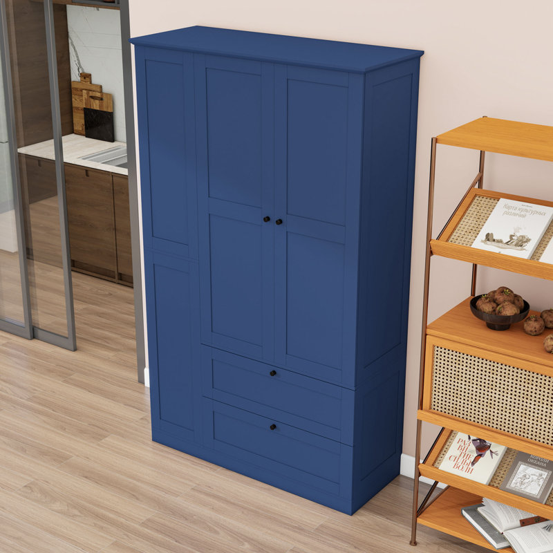 Grand garde-manger de style campagnard avec tablettes, 2 tiroirs et 3 plateaux coulissants, Blue
