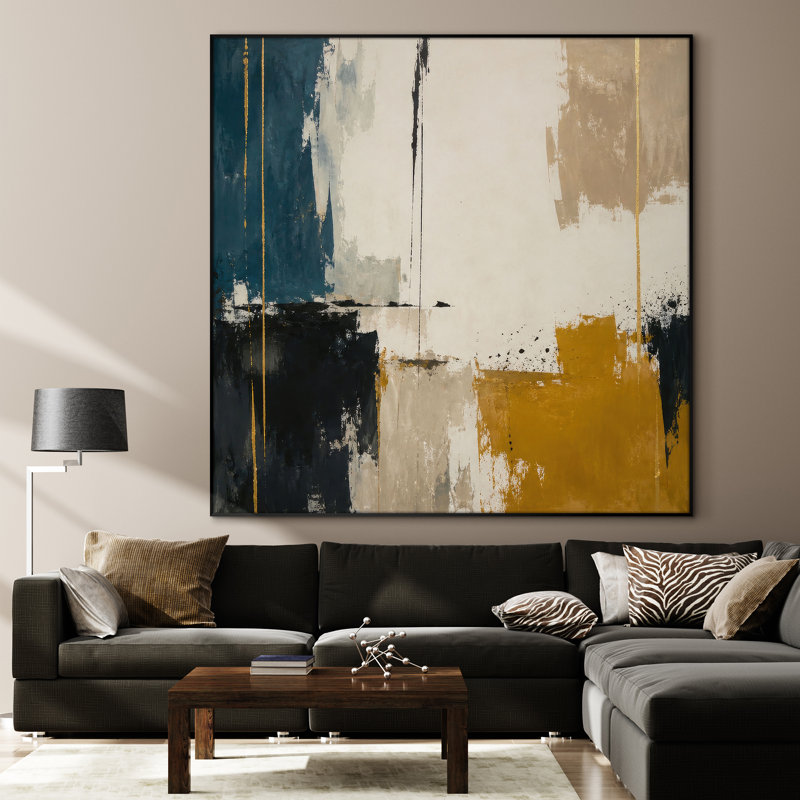 Très grande reproduction d'art sur tissu - Blocs abstraits modernes avec accents bleu marine et neutres pour le salon ou la chambre à coucher - «Assemblage requis du cadre (cadre non fini)»
