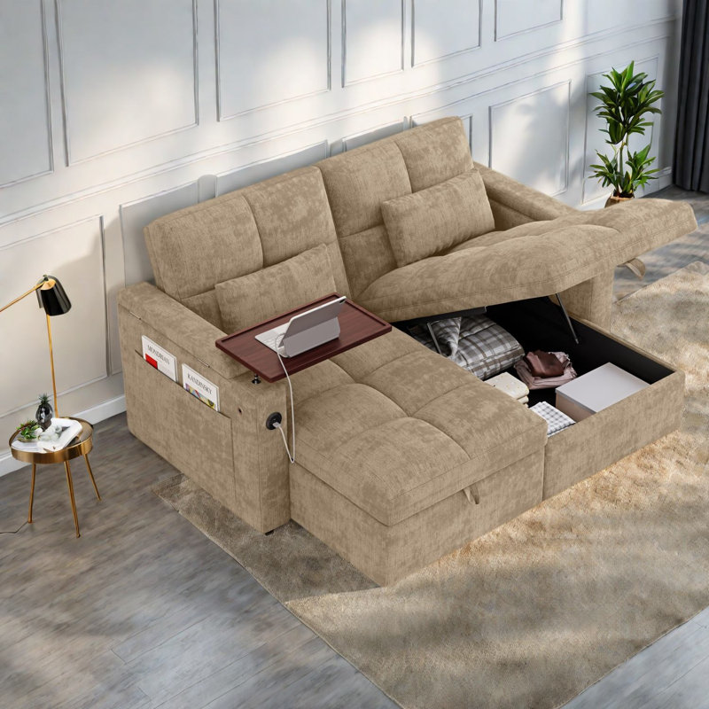 Canapé-lit modulaire modulaire avec rangement, chenille, canapé-lit moderne, Beige