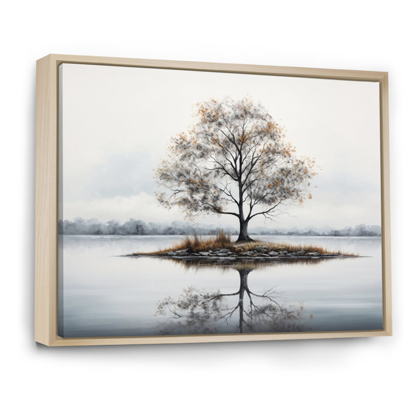 " Gray White Minimalism Tree Ink Harmony IV " Mixed Media Print, 34" H x 44" W x 1.5" D, Natural