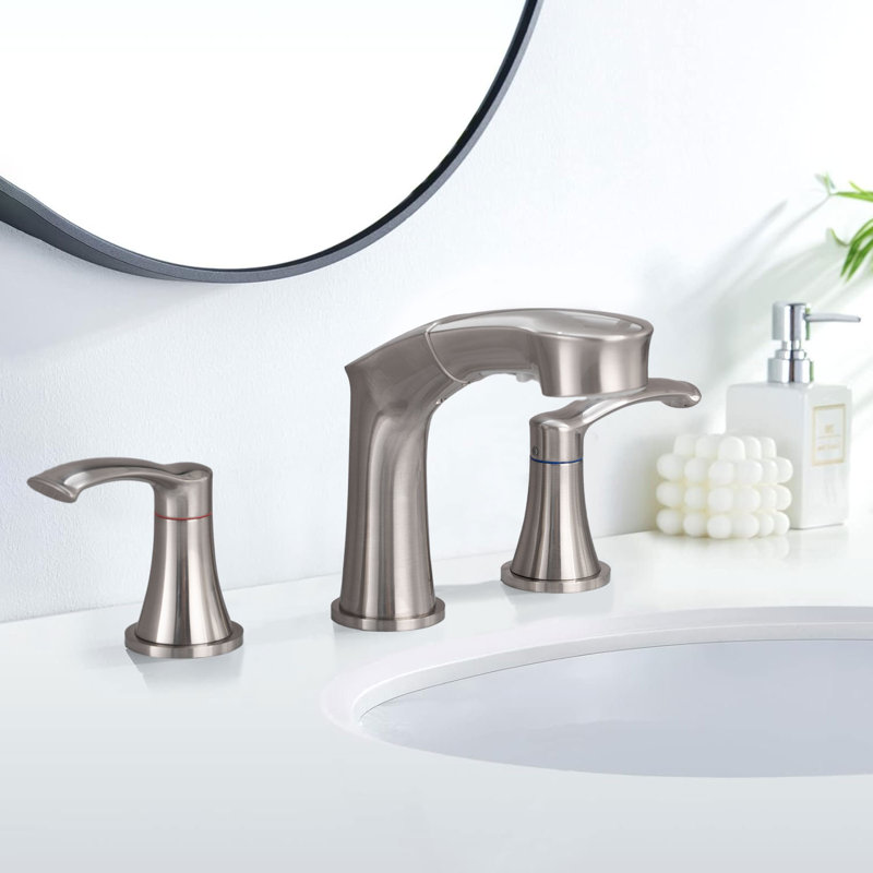 Widespread Faucet 2-handle Bathroom Faucet 3 Hole with Pull Out Sprayer, Brushed Nickel