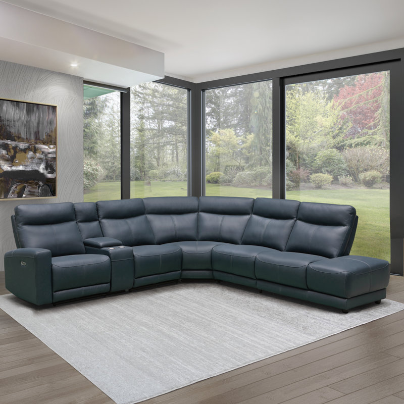 Alburquerque Upholstered Power Reclining L-Shaped Sectional Right Hand Facing, Blue Genuine Leather