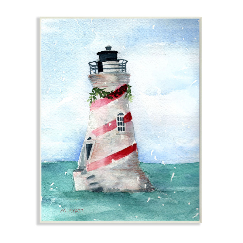 « Nautical Holiday Lighthouse »-rayures de Noël-impression d’art graphique, Plaque murale, H 15 po x l 10 po x P 0,5 po