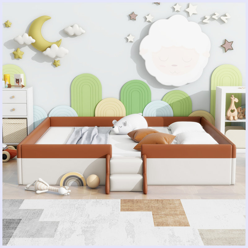 Floor Upholstered Kids Bed With Stairs, Brown/White, King