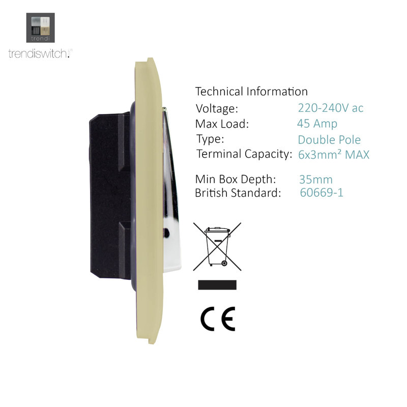 Trendi Switch 1 Gang 45 Amp Cooker Switch with Neon, Champagne Gold