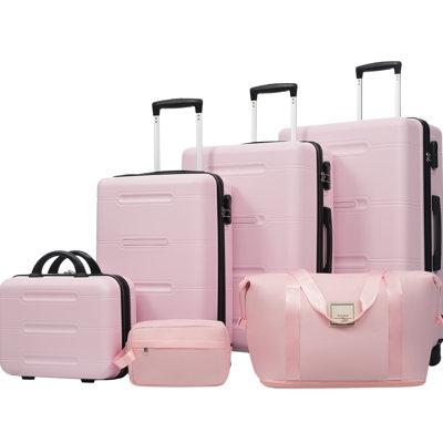 Ensemble de bagage 6 pièces, valise rigide avec double roulettes à poignée verrouillable, étui à cosmétiques 14 po, bagage 20/24/28 po avec sac de voyage et trousse de toilette