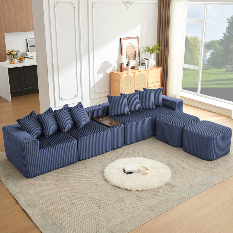 Canapé en U de 137,5 po, charge USB et sans fil, table basse avec porte-gobelet, canapé modulaire surdimensionné et mobile, repose-pieds mobile, sans assemblage, 6 sièges, velours côtelé