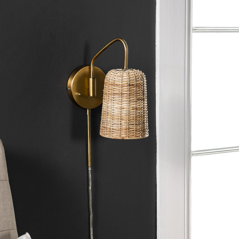 16" Brass And Rattan Wall Light