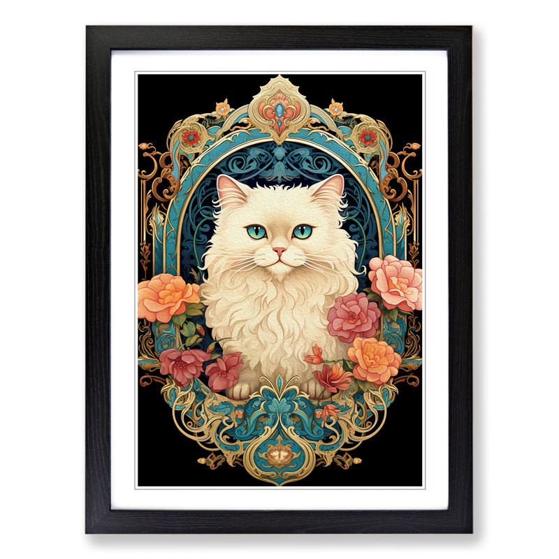 Persian Cat Nouveau - Single Picture Frame Print on Wood, Black Framed, 64cm H x 46cm W x 2cm D