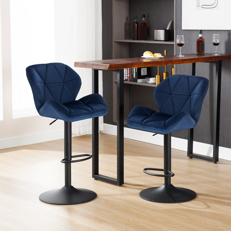 Dequavious Swivel Upholstered and Velvet Adjustable Height Bar Stool with Steel Frame, Blue, 4