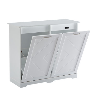 Double Tilt-Out Trash Cabinet with Odor Control, Hidden Kitchen Trash & Recycling Bin Organizer with Negative Ion & Ozone Deodorizer, 10 Gallon Capacity, White Freestanding Waste Cabinet