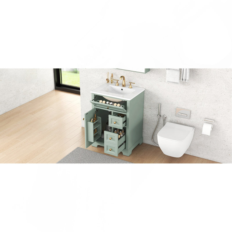 Meuble-lavabo de 24 po avec lavabo, panneau de fibres à densité moyenne et fabrication en bois de pin, 3 tiroirs et armoire avec support de rangement à 2 niveaux, porte et tiroirs à fermeture en douceur, conception moderne pour les petites et moyennes salles de bain
