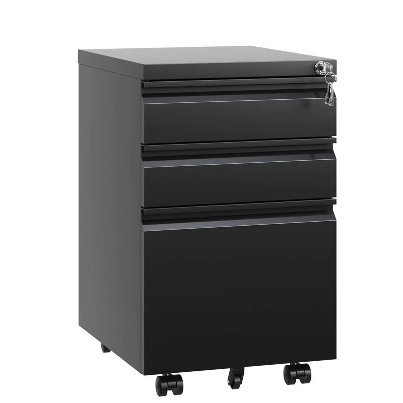Metal 3 Drawer Office Cabinet With Lock, Black, Fully Assembled, Versatile File Storage, Elegant Design Lockable Filing Cabinet, Supplies Organization System, Structure Built