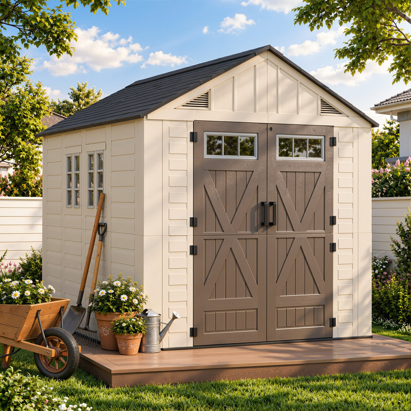 8 Ft. W X 10 Ft. D Plastic Storage Shed With Floor, Resin Shed With Reinforced Steel Structure, Brown