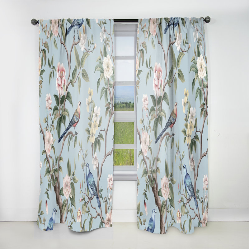 Chinoiserie With Birds and Peonies XIV - Traditional Curtain - Velvet Room Darkening - 1 panel, 52" W x 84" L
