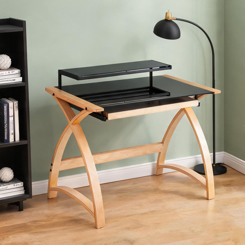 Bureau d'écriture en verre trempé noir mat avec huche intégrée, moderne Mid-Century, largeur de 43 pouces, bois et verre