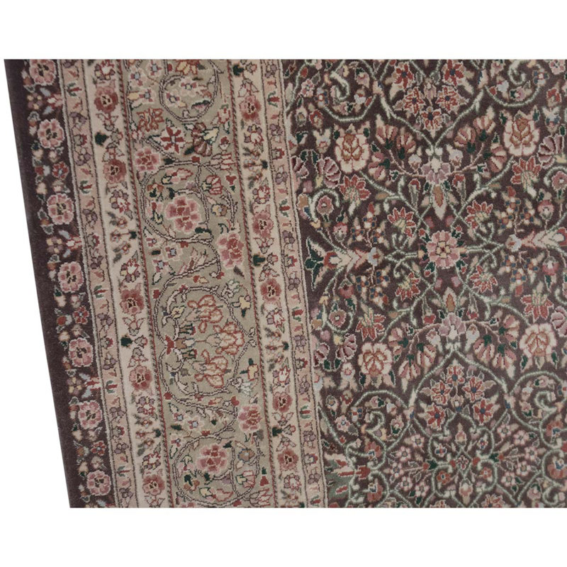 Tapis rose / brun / vert en laine noué à la main de conception unique 5 pi 9 po x 8 pi 9 po
